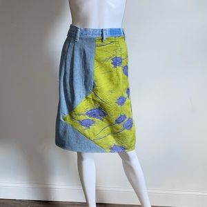 Recycle Denim Skirt Reconstructed w/ Silk Blend Matelassé Fabric